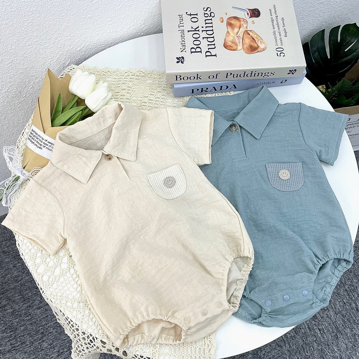 Body estivo con colletto e taschino smile   in lino misto cotone