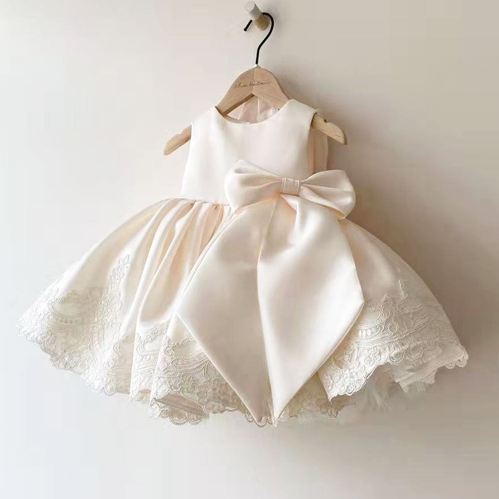 Abito da Cerimonia Bambina Avorio   Gonna Ampia con Ricami e Fiocco