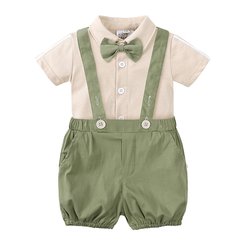 Completo Elegante Neonato con Bretelle e Papillon   Verde Salvia