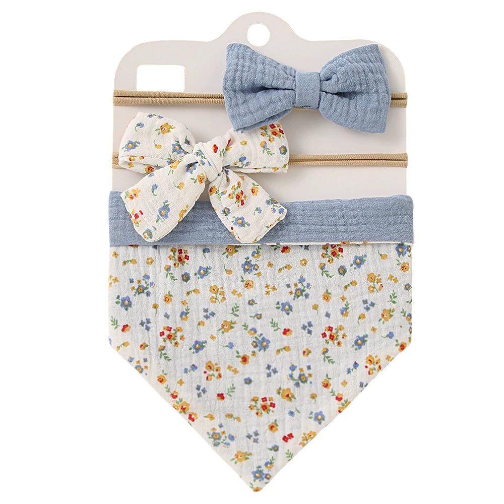 Set Bavetta Neonata + 2 Elastici per Capelli con Fiocco –  Azzurro Floreale