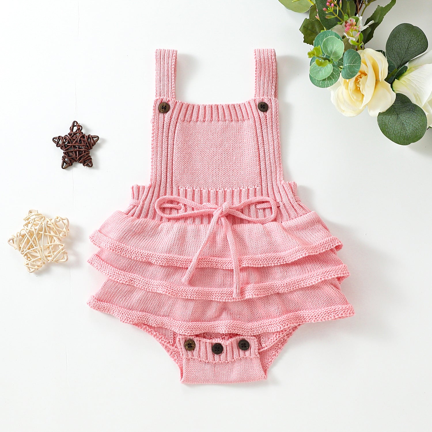 Salopette Neonato Maglia a Volant  Beige e Rosa