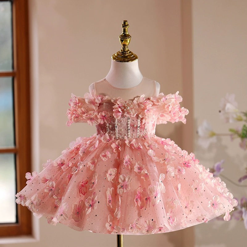 Abito Cerimonia Bimba Rosa – Fiori 3D e Corpetto con Perle