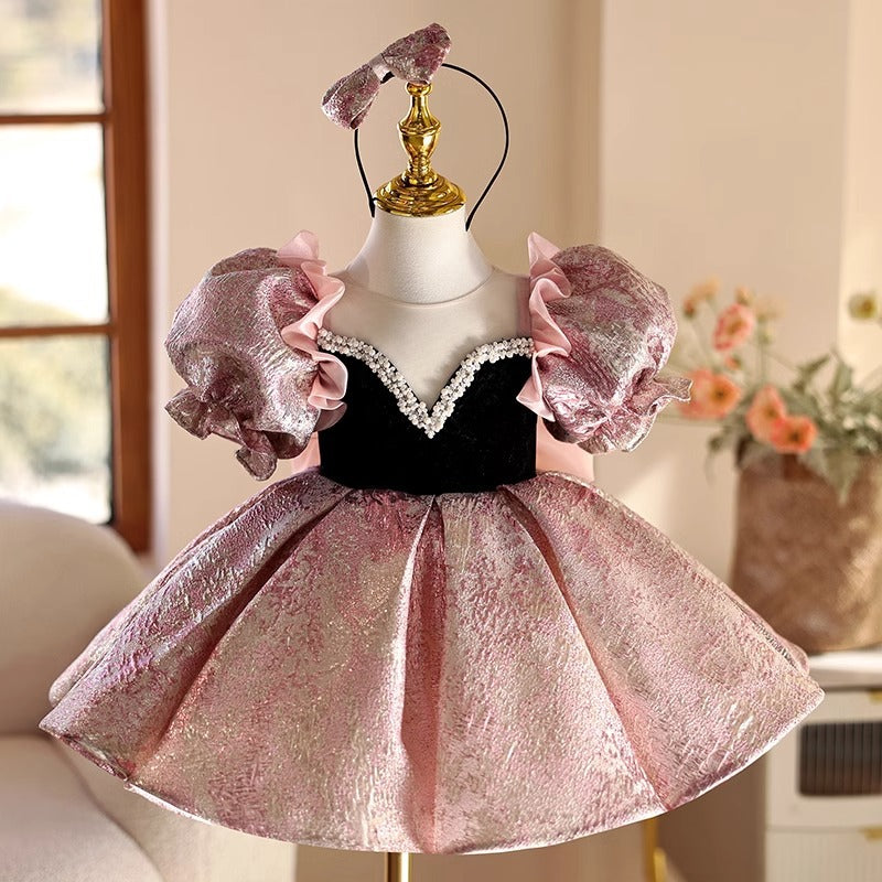 Abito da Cerimonia Bambina Principessa  Rosa Lilla con Maniche Voluminose