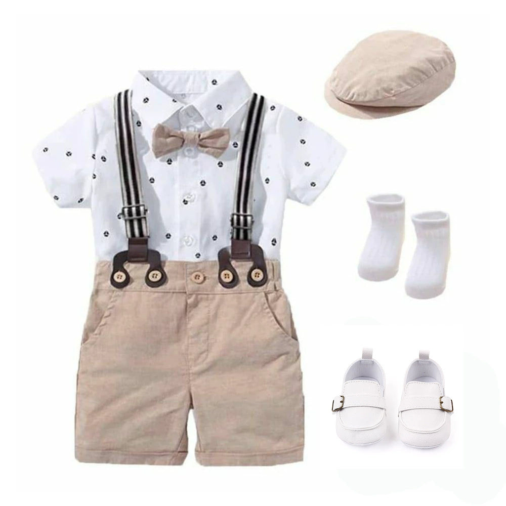 Completo Estivo Elegante Bimbo Camicia con Papillon, Shorts con Bretelle e Coppola, scarpe e calzini