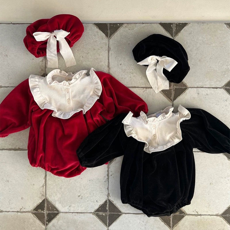 Tutina in velluto Bimba con colletto volant – Rosso / Nero