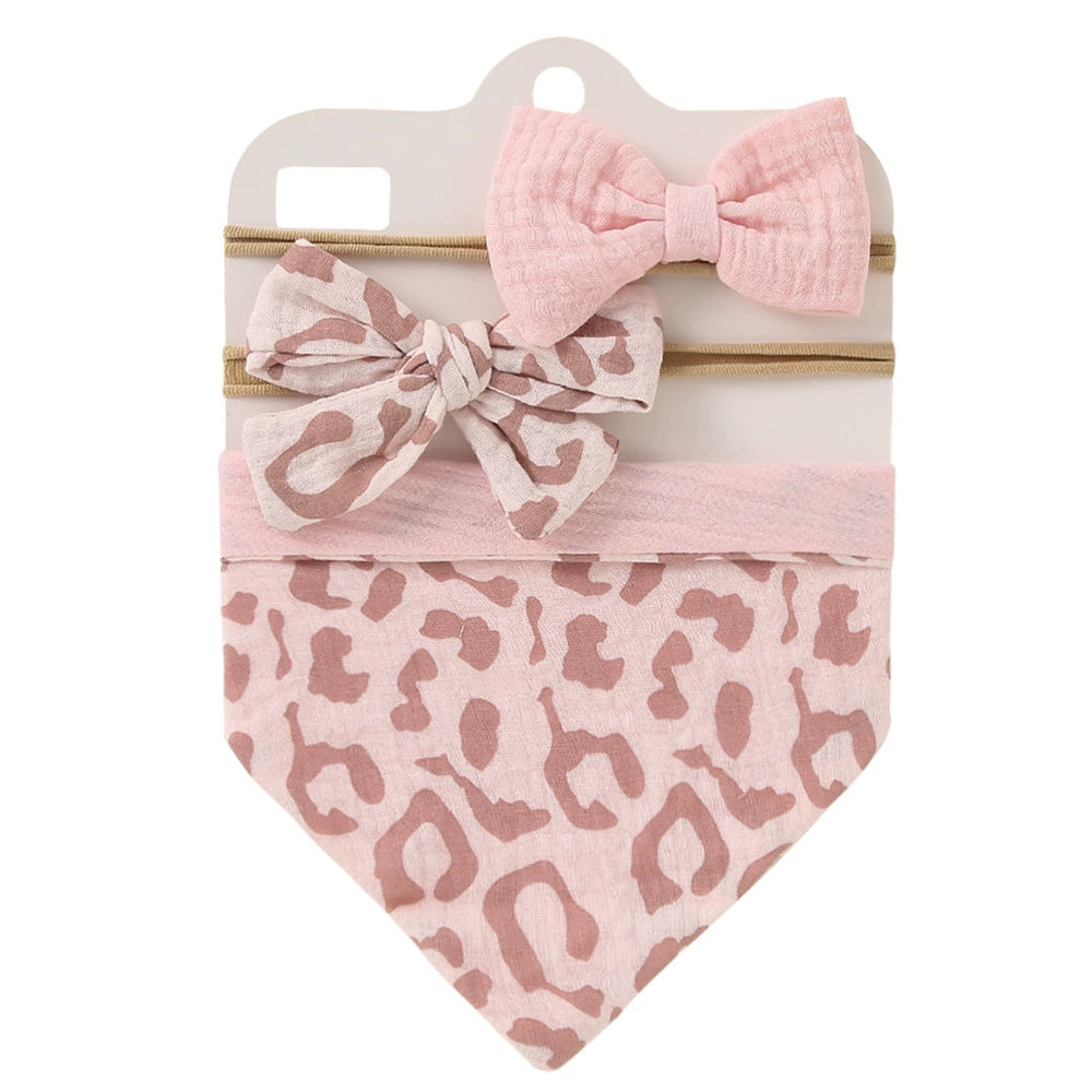 Set Bavetta Neonata + 2 Elastici per Capelli con Fiocco – Rosa Leopardato