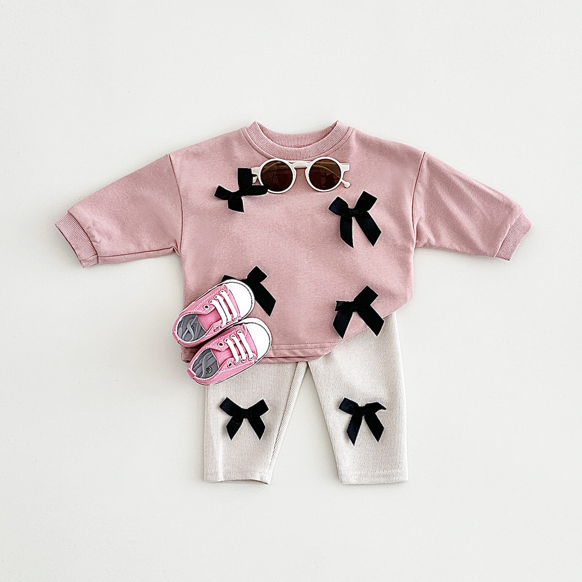 Completo Bimba “Bow Style”  Felpa Rosa + Leggings con Fiocchi