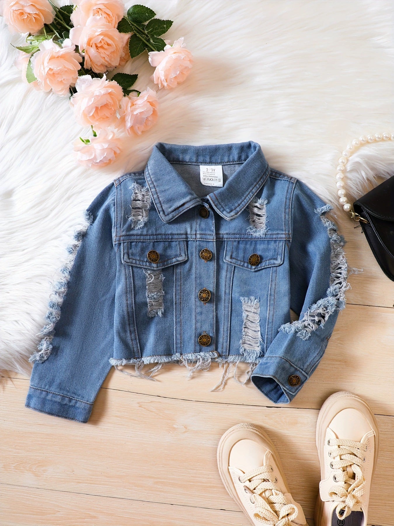Giacca di Jeans Bambina  Design Strappato con Orlo Sfilacciato