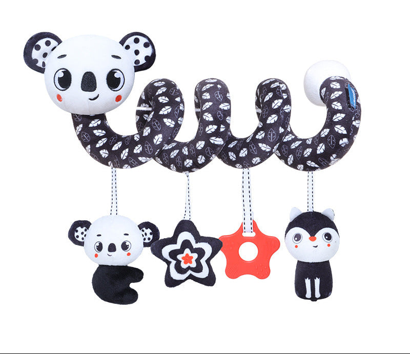 Spirale per Passeggino e Culla – Giochi Sensoriali in Stoffa Bianco e Nero con Sonagli e Peluche