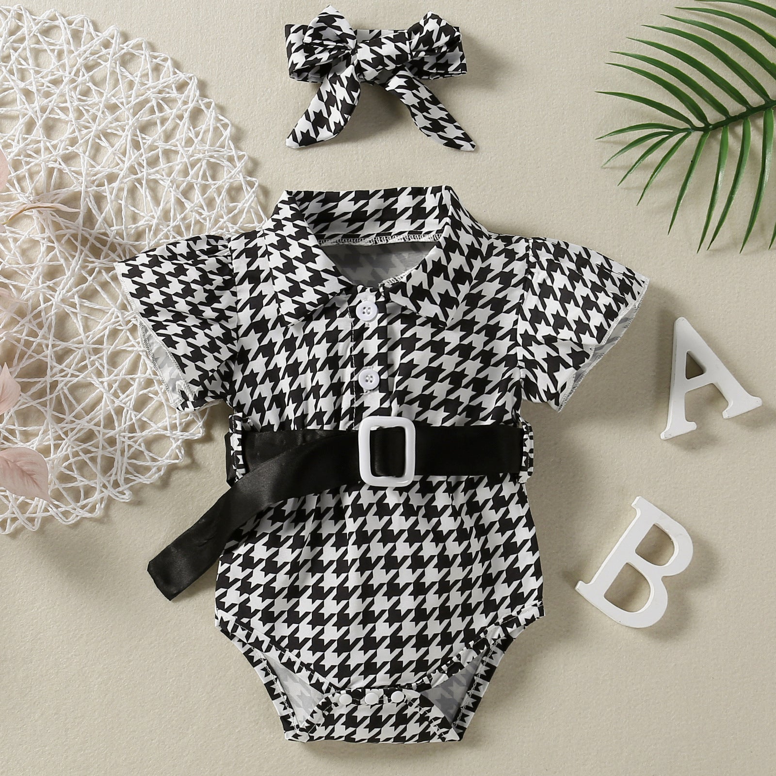 Body Elegante Bambina con Cintura e Fiocco  Fantasia Pied de Poule