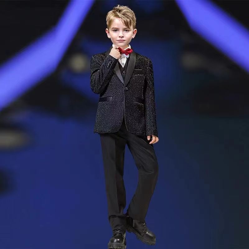 Completo Elegante Bambino 4 Pezzi  Giacca Glitter Nera, Camicia, Pantalone e Papillon