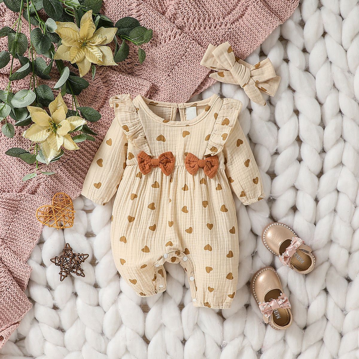 Tutina Neonata/ Bimba in Cotone con Cuoricini  Fiocchi e fascia coordinata