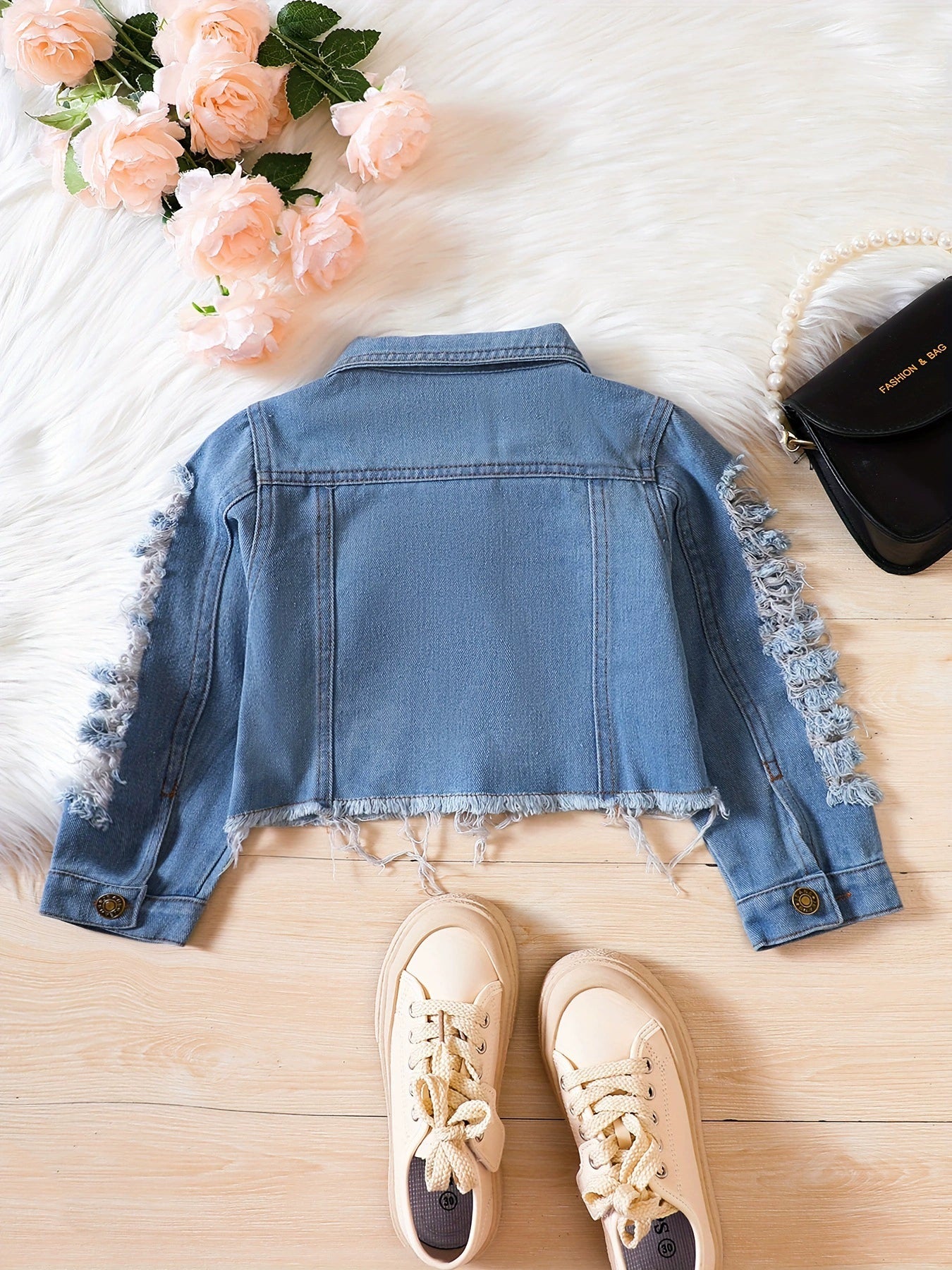 Giacca di Jeans Bambina  Design Strappato con Orlo Sfilacciato