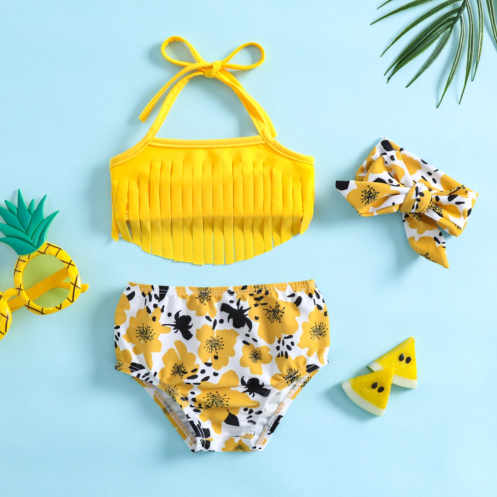Costume bambina 3 pezzi – Giallo fiori tropicali