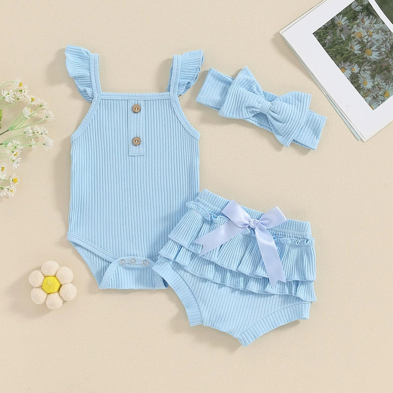 Completo Estivo Neonata/ Bimba  3 Pezzi con Body, Pantaloncini e Fascia