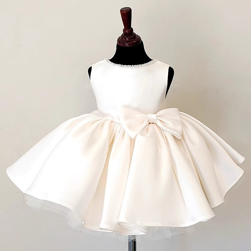 Abito Cerimonia Bambina Avorio Gonna Ampia, Fiocco e Collo di Perle