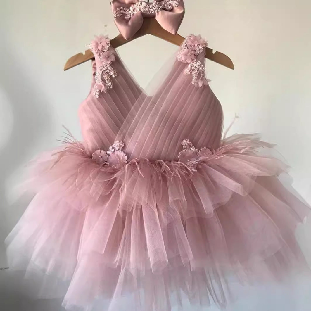 Abito da Cerimonia Bambina in Tulle con Fiocco e Applicazioni Floreali