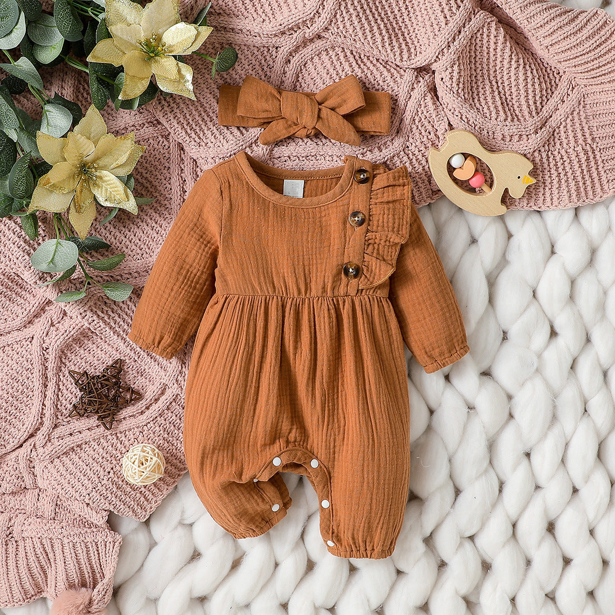 Tutina Neonata/ Bimba in Cotone Naturale con Bottoni e Fascia Coordinata
