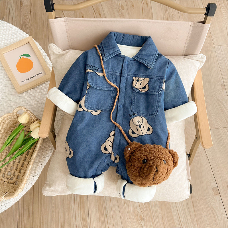 Tutina Invernale Neonato in Jeans Morbido con Interno in Pile Orsetto