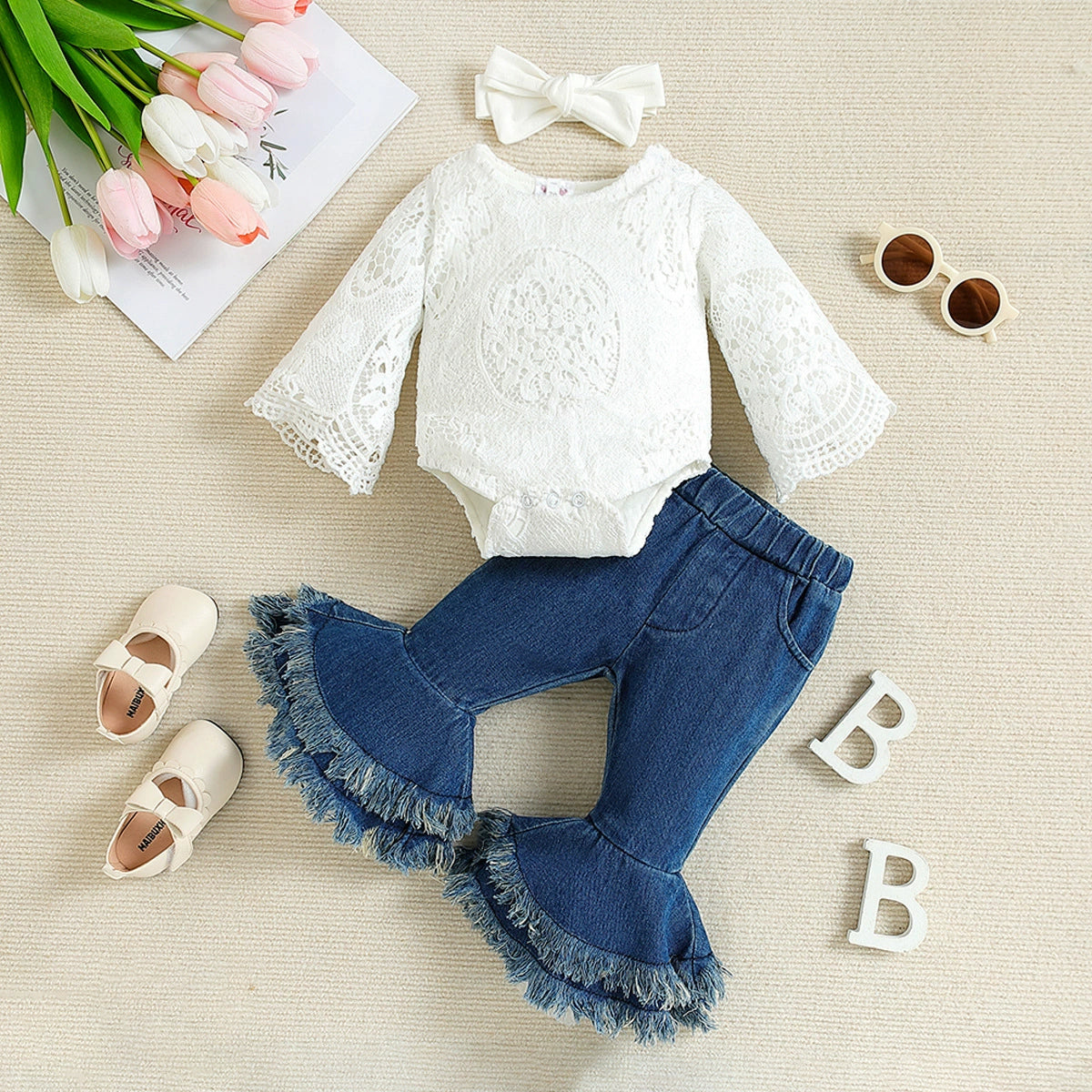 Completo bimba 3 pezzi jeans+maglietta+fascia