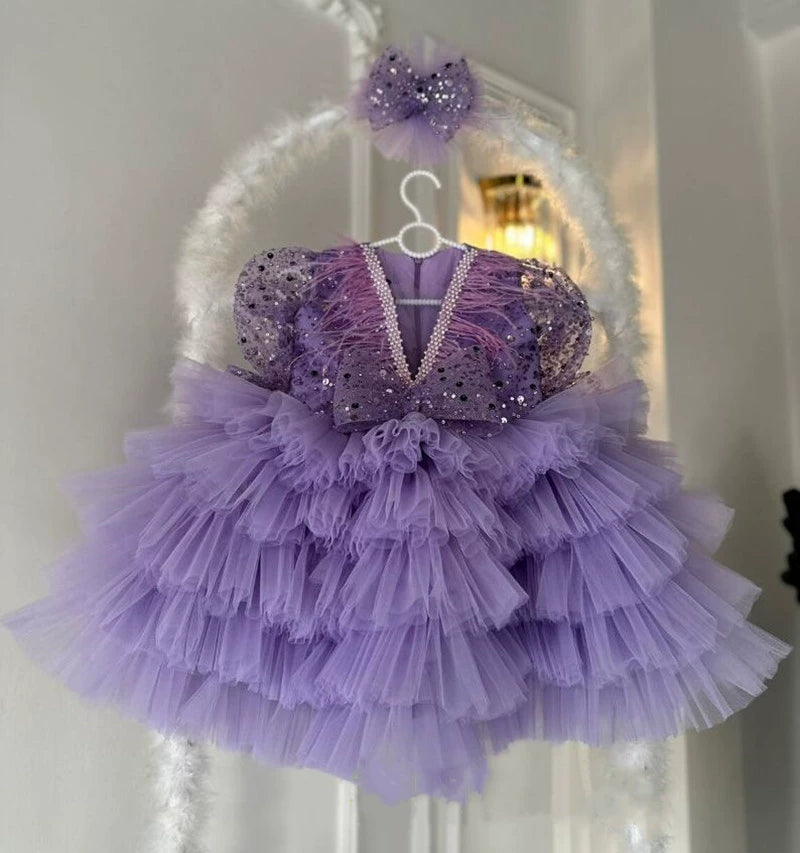 Abito Cerimonia Vari colori Principessa in Tulle con Lustrini e Fiocco