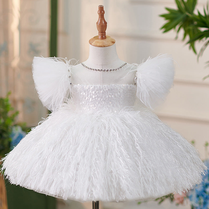 Abito cerimonia bambina  Bianco piumato con paillettes