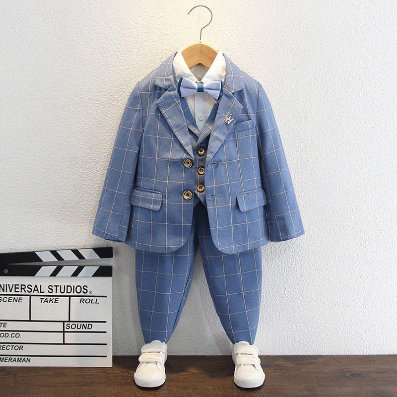 Completo Elegante Bambino 5 Pezzi  Azzurro  Quadrettato con Papillon