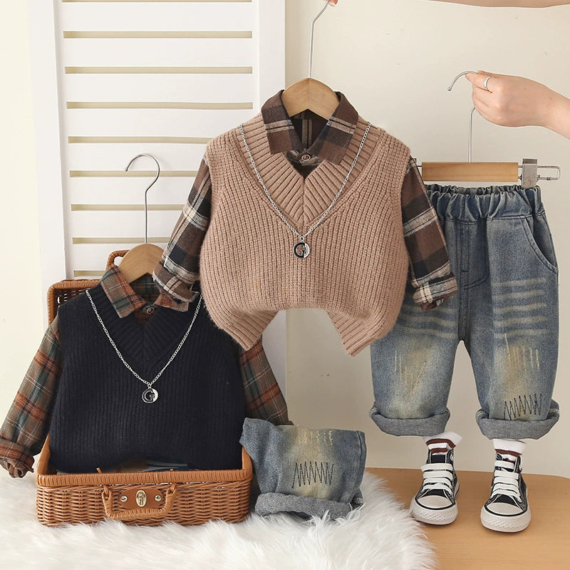 Completo Bimbo 3 pezzi Scozzese & Maglioncino – Autunno/Inverno