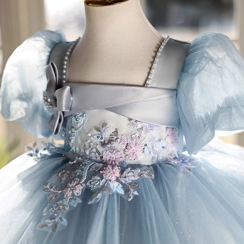 Abito da Cerimonia Bambina Azzurro con Fiocco e Fiori Ricamati