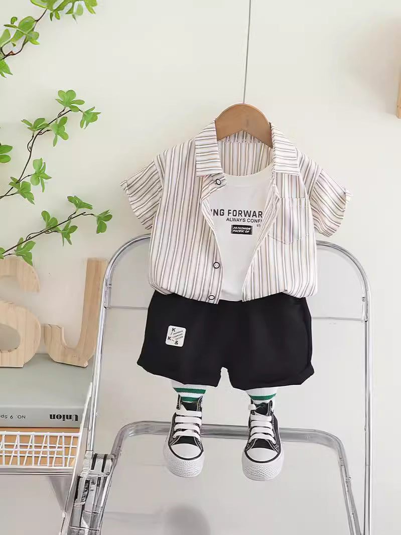 Completo Estivo Bambino  Camicia a Righe Multicolor e Shorts Neri