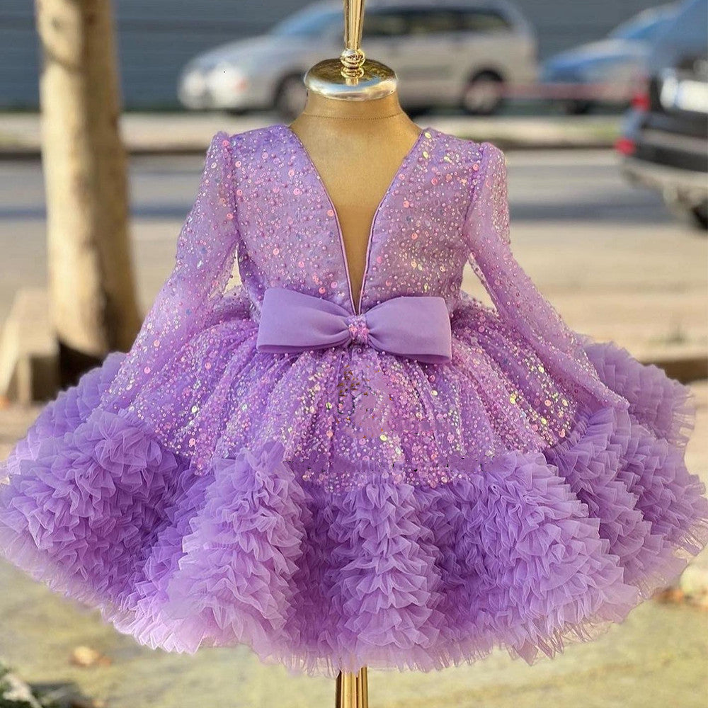 Abito Cerimonia Bimba Lilla  Lungo Tulle con Paillettes e Fiocco