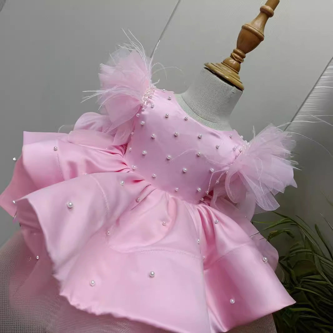 Abito da Cerimonia Bambina Rosa con Perline e Piume