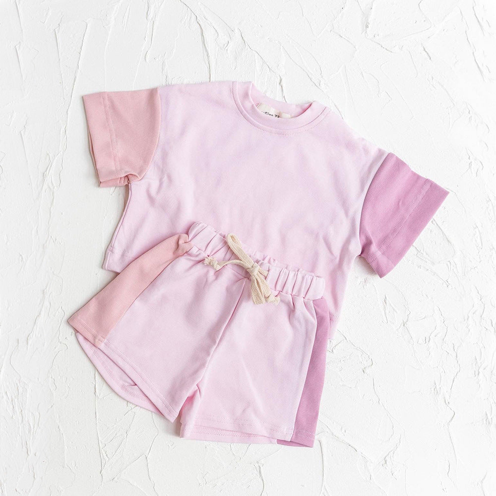 Completo 2pz  Bimba “Pink Pop”  T-shirt + Pantaloncini a Blocchi di Colore
