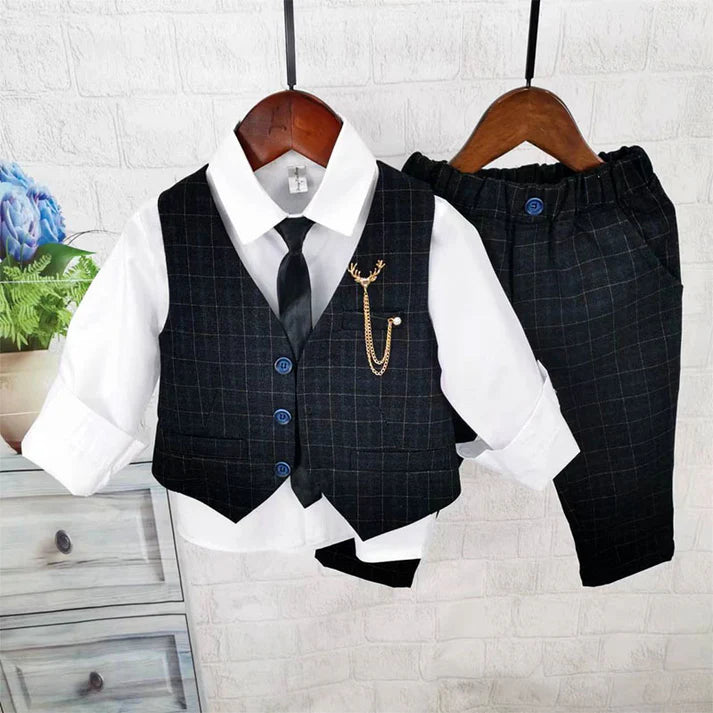 Completo Bimbo 3 Pezzi Elegante – Gilet e Pantaloni Check Neri con Cravatta