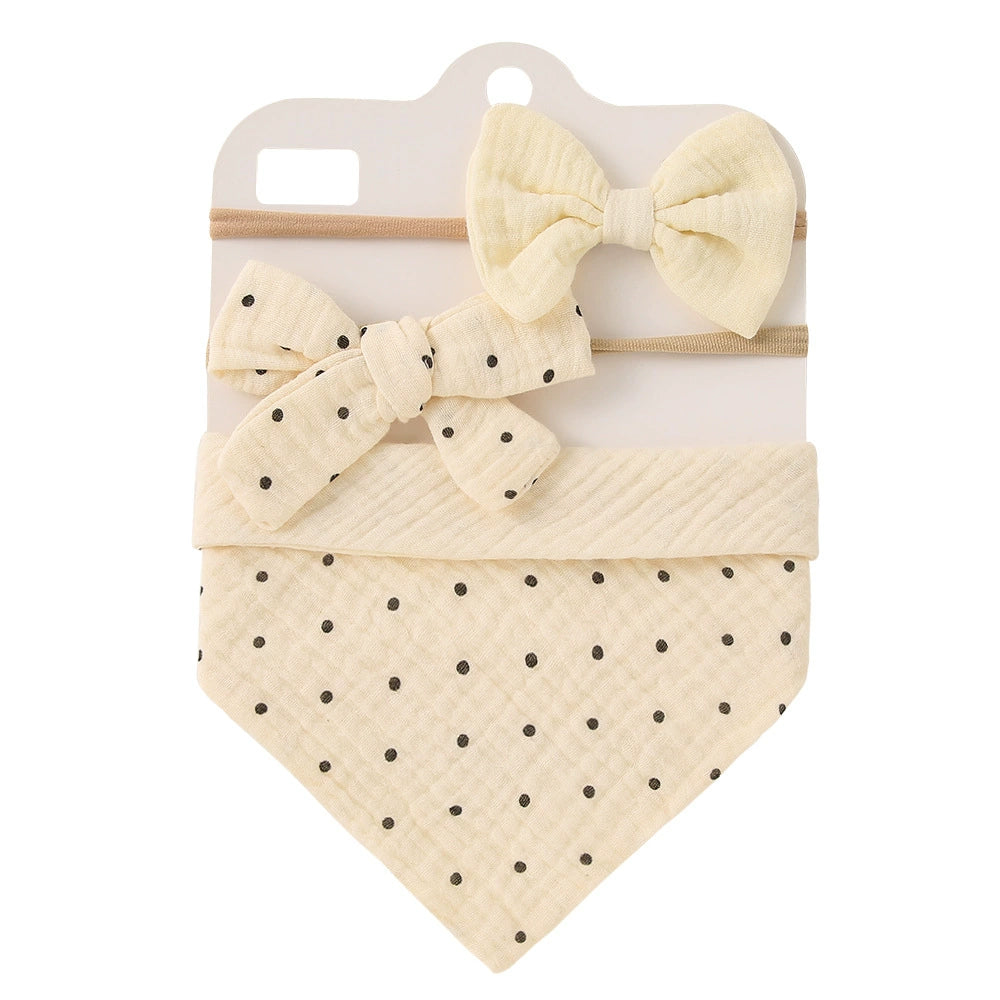 Set Bavetta Neonata + 2 Elastici per Capelli con Fiocco –  Beige con Pois Neri