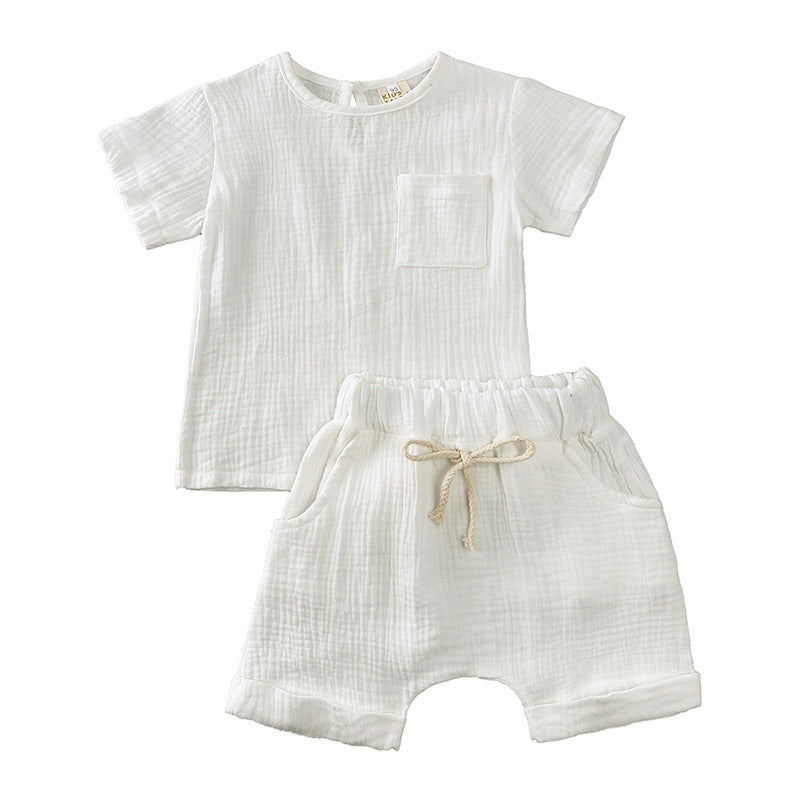 Completo Estivo Bambino 2 Pezzi in Cotone Garzato  T-shirt e Shorts Bianchi
