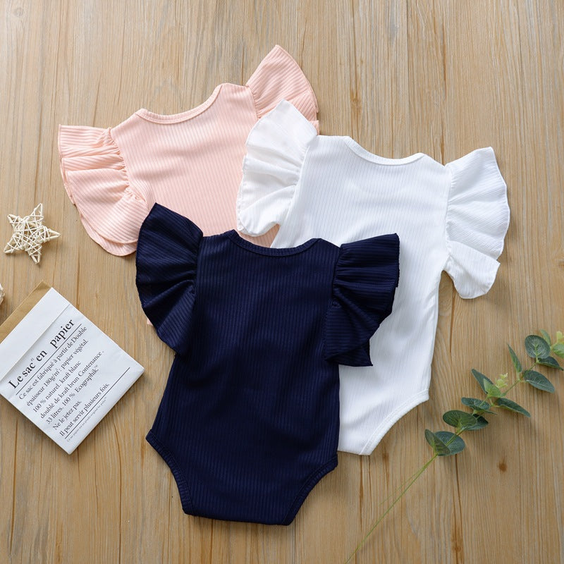 T-shirt / Body Bimba con Maniche Volant  Tessuto a Costine, Look Chic