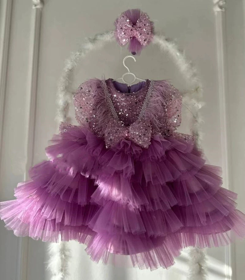 Abito Cerimonia Vari colori Principessa in Tulle con Lustrini e Fiocco