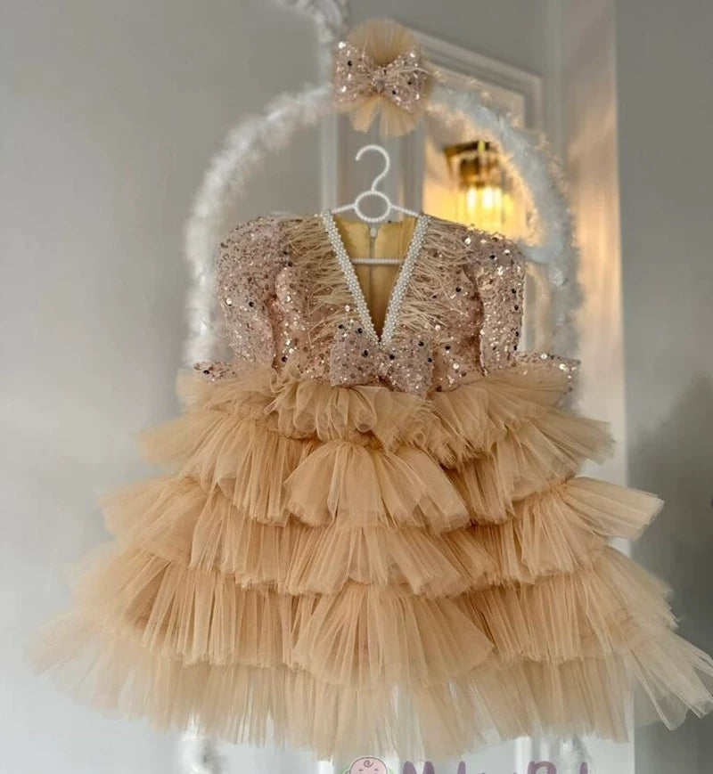 Abito Cerimonia Vari colori Principessa in Tulle con Lustrini e Fiocco