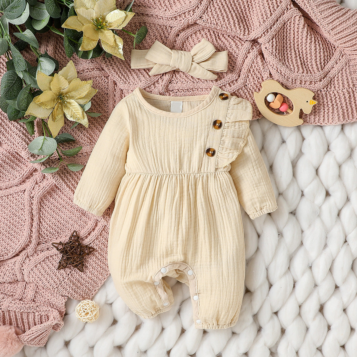 Tutina Neonata/ Bimba in Cotone Naturale con Bottoni e Fascia Coordinata