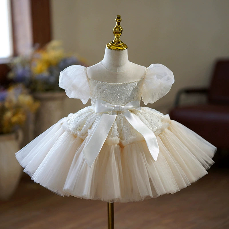 Abito Cerimonia Bambina Avorio in Tulle e Lustrini con Fiocco in Raso