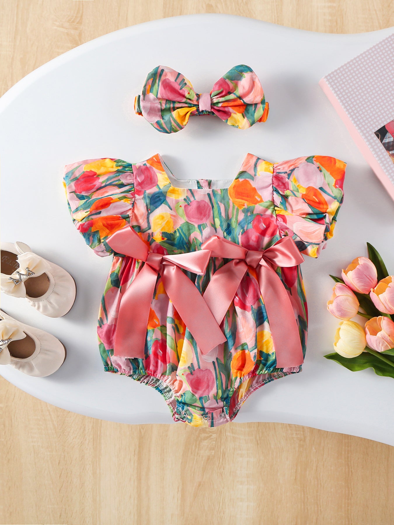 Set Pagliaccetto Floreale con Fiocco e Fascia Coordinata per Bambine estivo