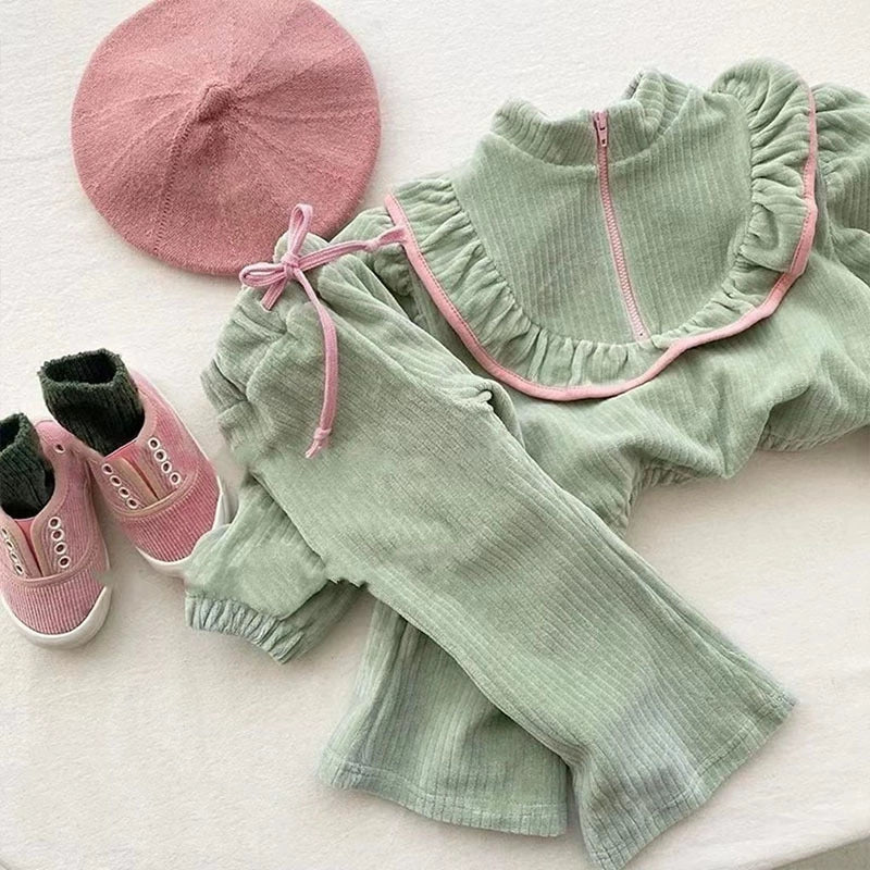 Completo Neonata in Cotone Costina con Volant – Autunno/Inverno