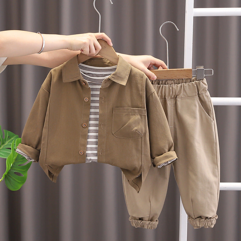 Completo bambino 3 pezzi  Camicia, T-shirt a righe e pantalone con polsino
