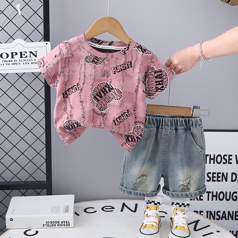 Completo Estivo Bimbo  T-shirt "Funny" con Stampa Cartoon e Shorts in Jeans