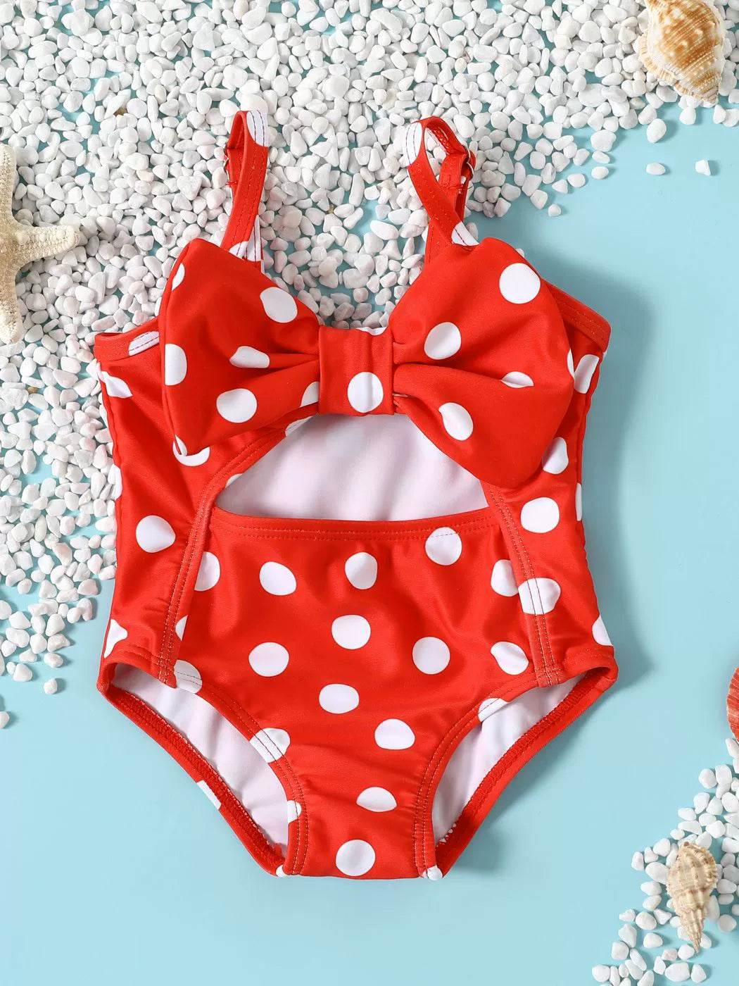 Costume Intero Bambina   Pois Bianchi e Maxi Fiocco