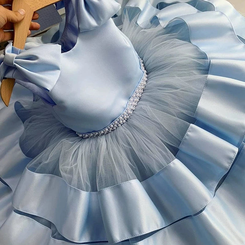Abito Cerimonia Bambina in Tulle con Fiocchi e Perline