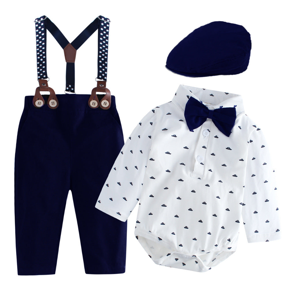Completo Elegante Neonato   Body Camicia Celeste, Bretelle, Papillon e Cappellino