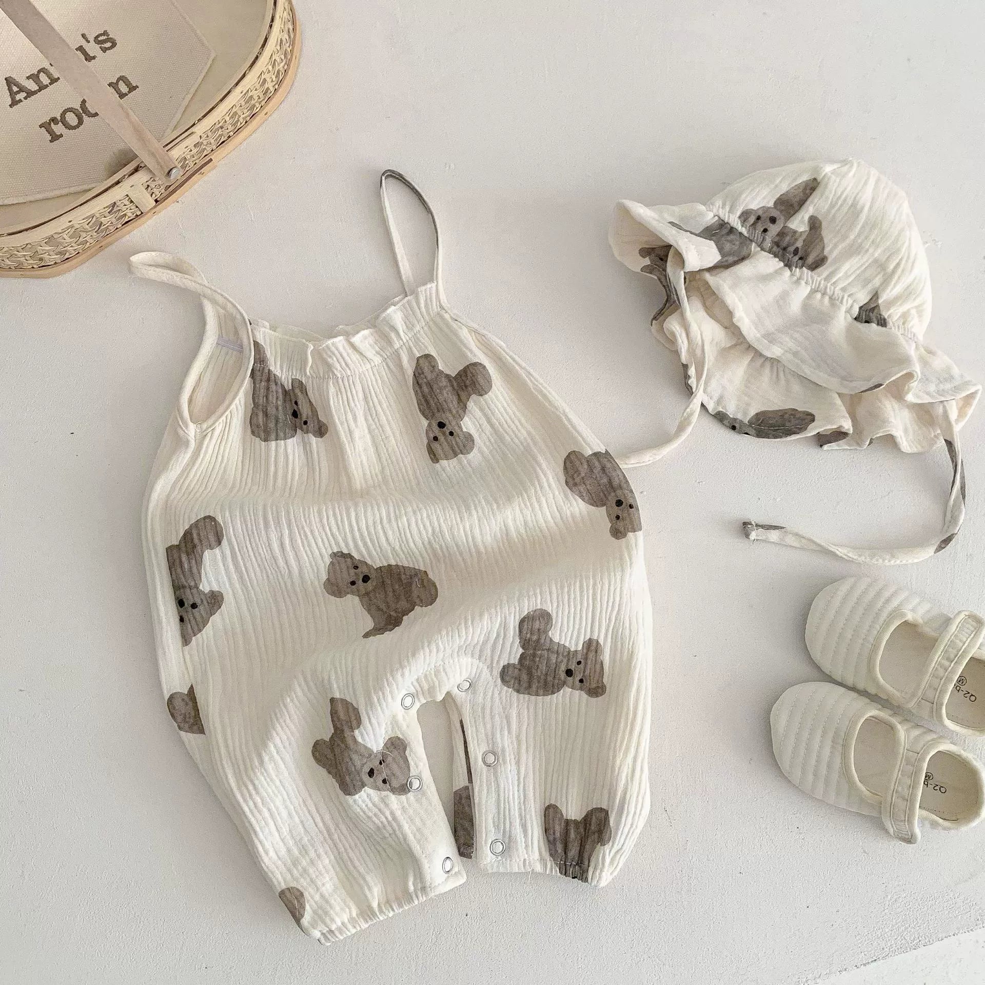 Pagliaccetto neonata cotone estivo con  cappellino stampa orsetto bear
