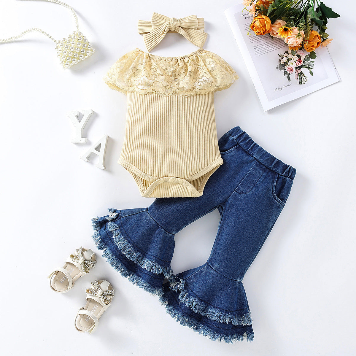 Completo bimba 3 pezzi jeans+maglietta+fascia